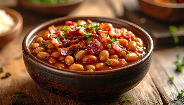 Photorealistic Boston Baked Beans in a rustic ceramic bowl, tender navy beans covered in a thick glossy molasses sauce, crispy bacon pieces