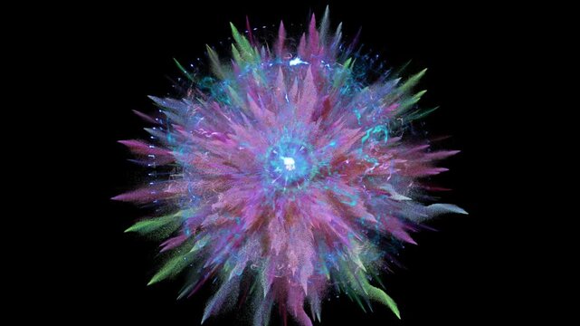 Vibrant cosmic explosion of colorful glowing particles captured in slow motion digital video on white background