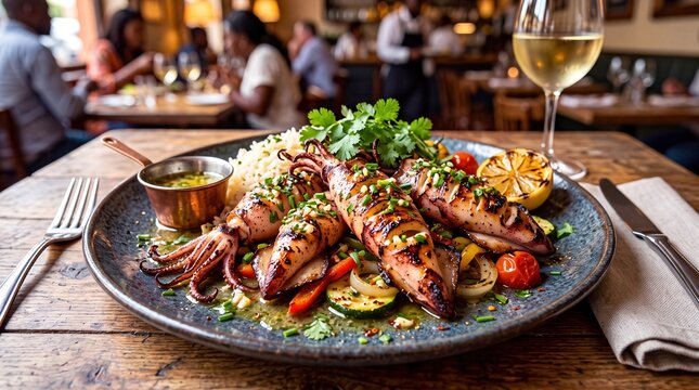 Restaurant style Angolan lulas grelhadas grilled squid served with garlic butter sauce and white wine