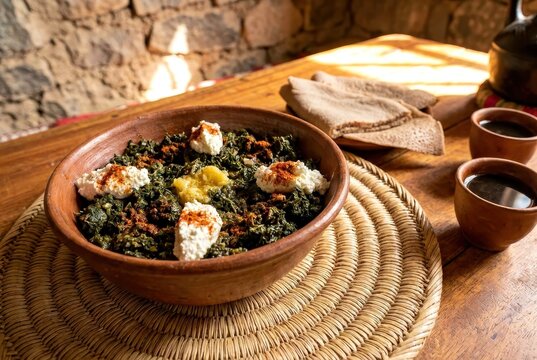 Traditional Ethiopian Gomen Kitfo with Minced Kale, Spiced Butter, Ayib Cheese, Injera, and Coffee