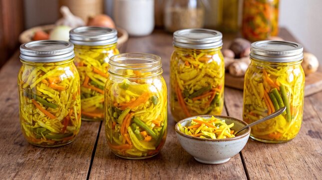 Homemade Malagasy Achards Spicy and Sour Pickled Vegetables with Turmeric in Glass Jars