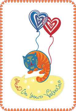 A cat is flying on heart-shaped balloons.