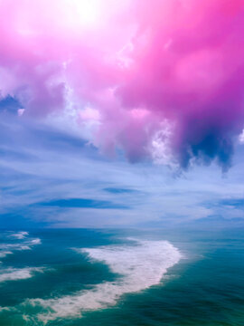 Vibrant stormy cloudscape and sea waves in saturated colors