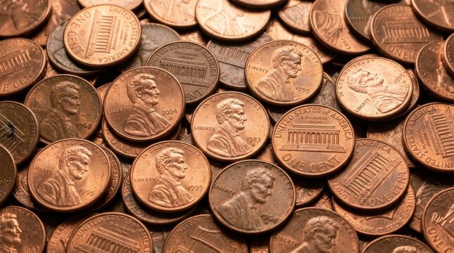 Close-up View of Numerous United States One Cent Copper Coins Pile of Pennies Background
