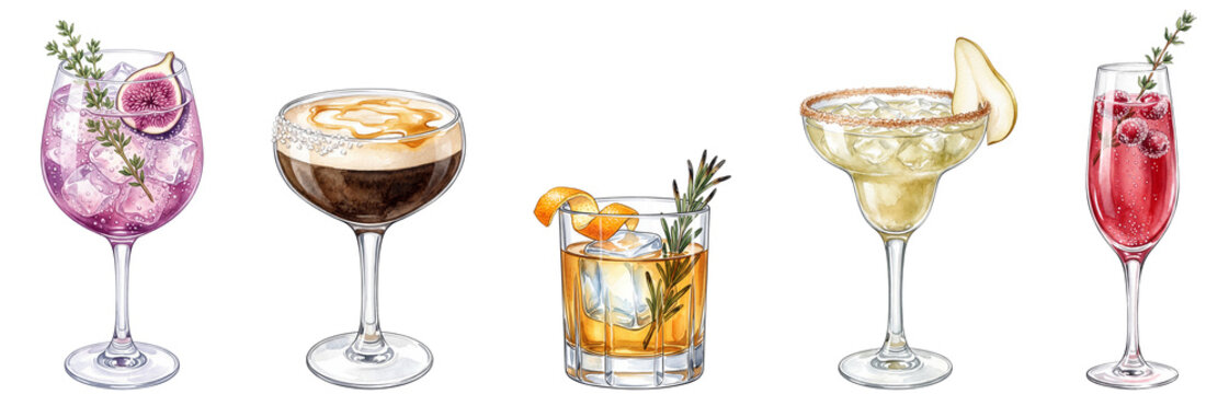 watercolor autumn craft cocktail set illustration with fig espresso martini old fashioned pear margarita and cranberry mimosa isolated on transparent background