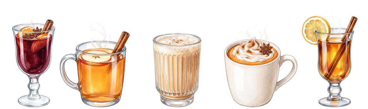 watercolor autumn hot drinks set illustration with mulled wine apple cider chai latte pumpkin spice latte and hot toddy isolated on transparent background