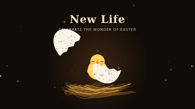 A fluffy chick hatches from an egg, cracking the shell on a bed of straw