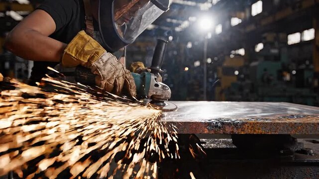 Welder uses an angle grinder to cut and smooth a steel plate in a metal workshop, producing bright sparks during industrial fabrication