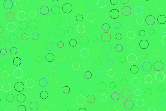 Abstract pattern of colorful circles and squares on green background