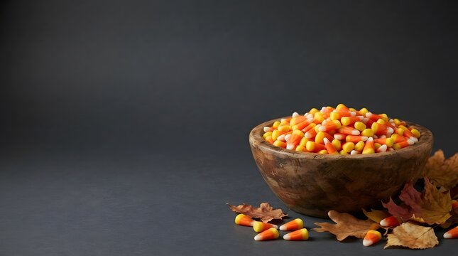 A wooden bowl filled with delicious candy corn surrounded by autumn leaves on a dark background