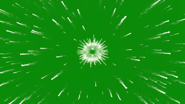 White Firework Bursts Expanding on Green Screen Background with Subtle Camera Zoom Out