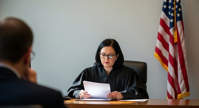 Female judge in robes reading document in courtroom with American flag and blurred male figure in foreground