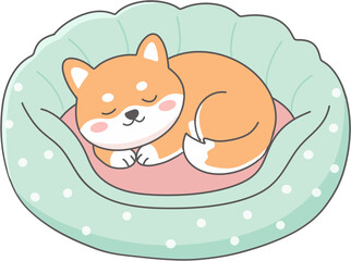 Cute sleeping dog in a pink cushion pet bed illustration