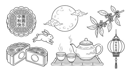 Line art vector set of Mid Autumn Festival elements mooncakes full moon jade rabbit teapot and lantern © Md