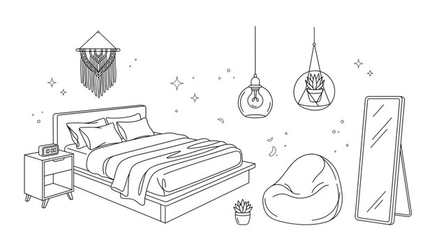 Line art vector set of cozy bedroom furniture bed nightstand mirror bean bag chair macrame and lamp elements.