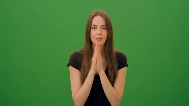 Young Woman Expressing Emotions on Green Screen with Various Gestures and Facial Expressions