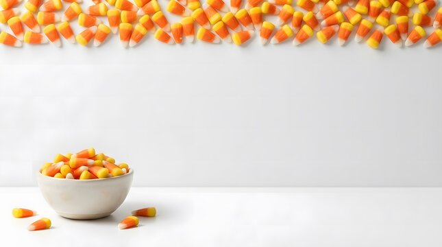 Bowl of colorful candy corn with scattered pieces on a white background for halloween holiday celebration