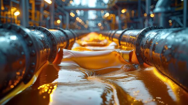 Industrial Flow: Molten material, likely metal or plastic, flows between large pipes in an industrial setting, creating an abstract and visually striking scene.