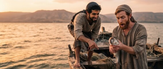 Fototapeta premium Two men fishing from a wooden boat on a lake at sunset. Ancient biblical scene depicting fishermen, livelihood, faith, teamwork, and historical storytelling.