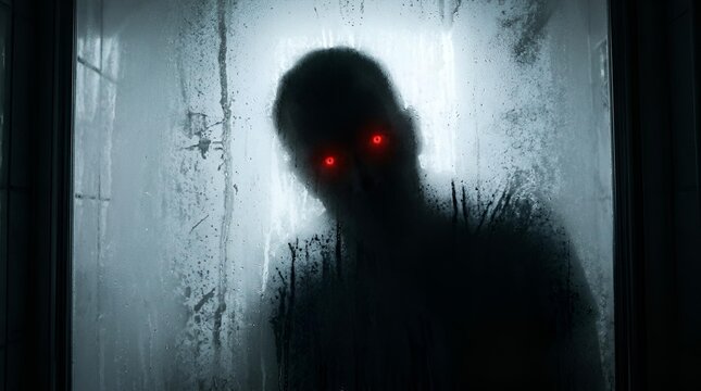 Spooky halloween horror shadow silhouette figure behind frosted glass with red glowing eyes monster