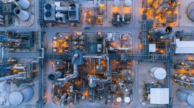 The Industrial Chemical Plant Aerial View with Complex Piping Network at Dusk