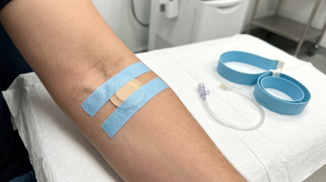 Arm with sterile tape and tubing setup for world blood donor day poster showing donation preparation in clinic