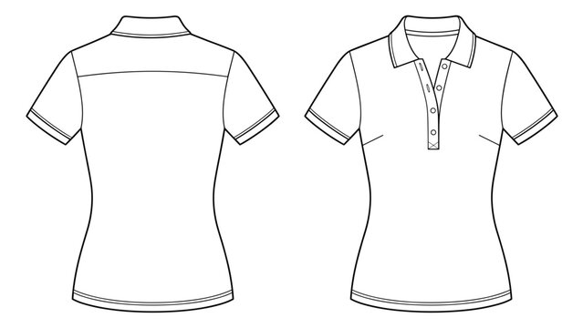Women's fitted polo shirt with back yoke detail flat sketch vector illustration. Front and back view template. cad mockup.