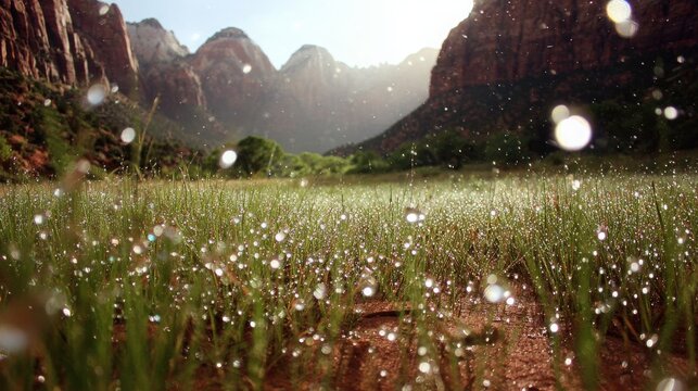 Morning dew drops sparkle on grass with mountain backdrop