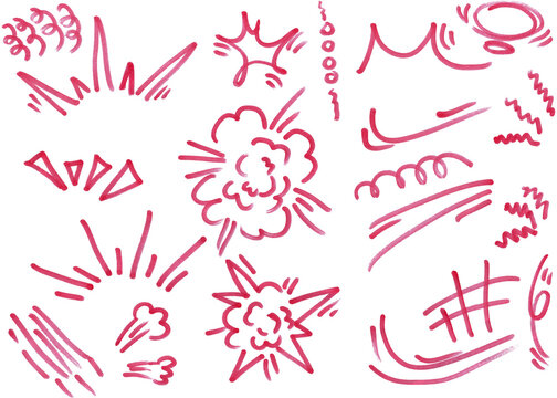 Set of red cartoon symbols, explosions burst lines and speed effects hand drawn with pen color isolated on a transparent background