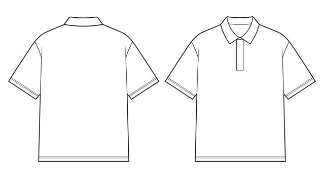 Men's loose fit short sleeve polo shirt flat sketch vector illustration. Front and back view template. CAD mockup.