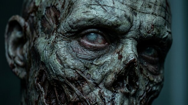 zombie undead horror macro portrait for halloween with decay skin detail and eye