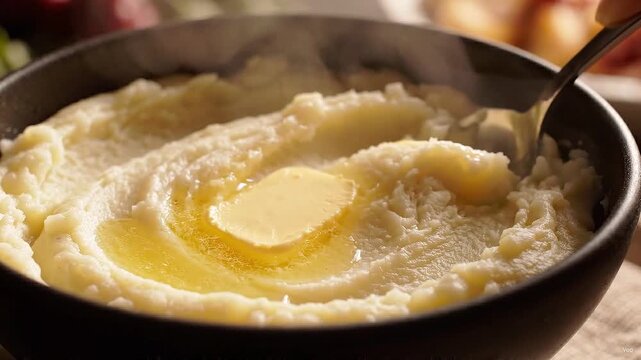 Spoon stirring creamy mashed potatoes with melting butter, shaping a rich side dish during a cozy home cooking preparation sequence