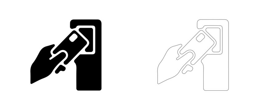 Hand tapping card on validator vector icon filled and outline, public transport payment and fare gate symbol.