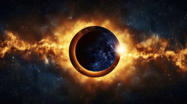 Solar eclipse with fiery corona and glowing ring background for dramatic space wallpaper and banner design