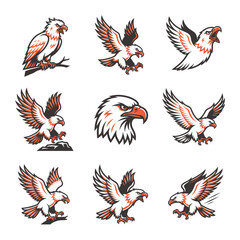 Fototapeta premium Angry eagle vector bird mascot set featuring powerful wild predators flying swooping and attacking in striking orange and white colors for sports team logo or gaming emblem graphic.