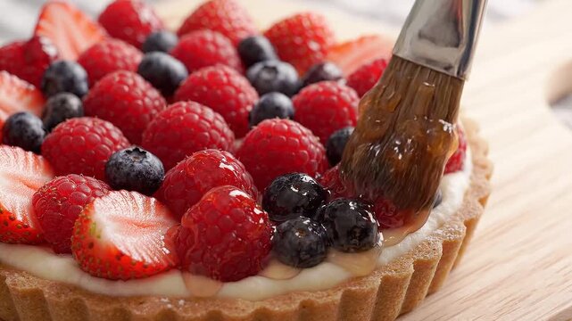 Pastry brush glazing a fresh berry tart with strawberries, raspberries, and blueberries, showcasing dessert preparation and finishing technique