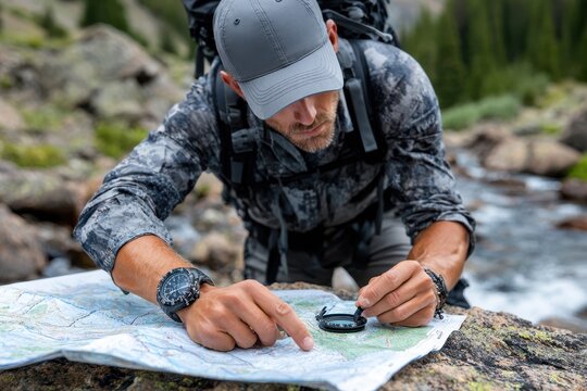 Man uses a compass while examining a map near a mountain stream in a wilderness area