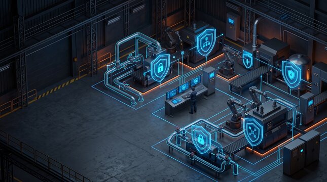 Isometric industrial factory with security shield overlays on machinery representing OT and ICS cybersecurity
