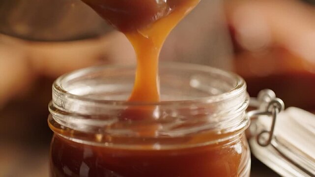 Thick caramel sauce being poured into a glass jar, showing homemade dessert preparation, filling, storage, and indulgent sweet food concept