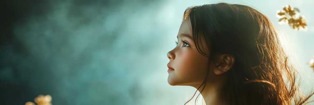 Profile portrait of thoughtful girl looking upward for national daughter day banner with dramatic light and dreamy background. Copy space
