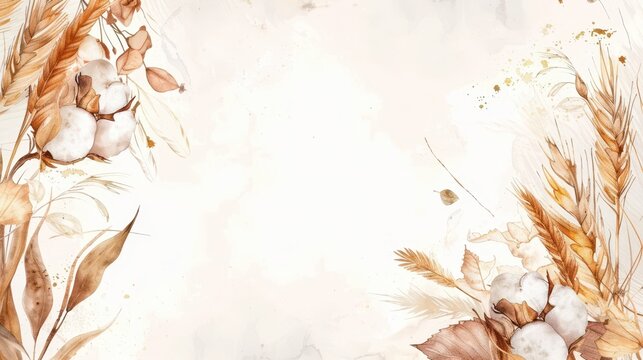 Soft autumn cotton and wheat corner frame background with watercolor leaves for rustic fall banner and greeting card design. Horizontal banner. Copy space. Watercolor illustration
