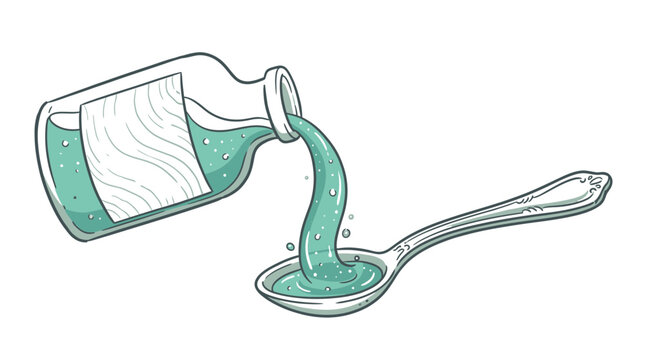 Vintage glass medicine bottle pouring liquid syrup onto a silver spoon in a colorful illustration