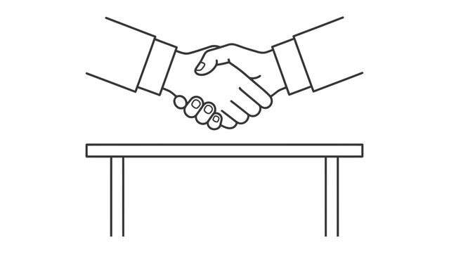 Handshake Agreement: Two professionals seal a deal with a firm handshake over a simple table, symbolizing trust and mutual agreement.