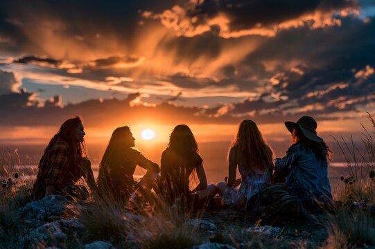 Group of women friends watching sunset together on mountain