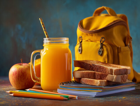 Fresh orange juice with healthy breakfast, toast, apple, backpack, notebooks, pencils, cozy school morning, ultra realistic, commercial food photography, copy space