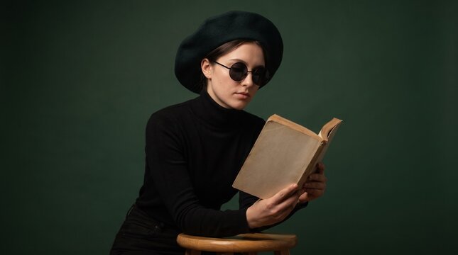 Dark academia portrait of a stylish young woman reading a vintage book