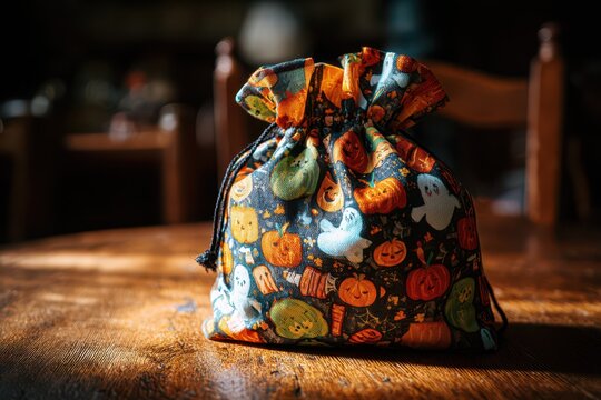 Halloween fabric treat bag with pumpkin and ghost print for trick or treat candy pouch and halloween party table background display. Copy space