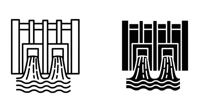 Hydroelectric dam power plant vector icon set in outline and solid black style