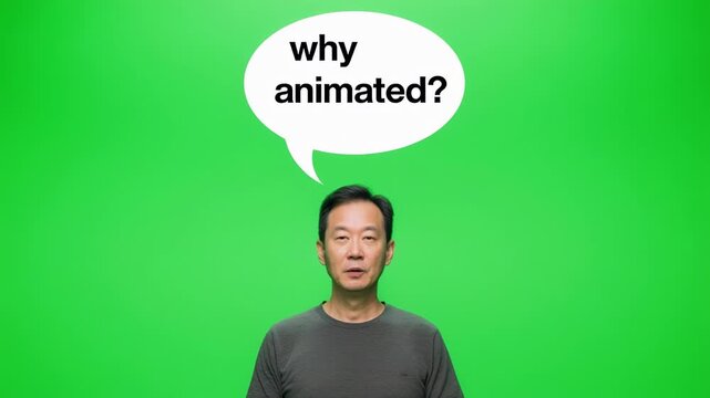 Man's face with animated thought bubble asking why in bright green studio setting