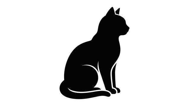 Black Cat Silhouette: A sleek black cat is depicted in a clean silhouette, seated elegantly and looking off to the side with poised grace.